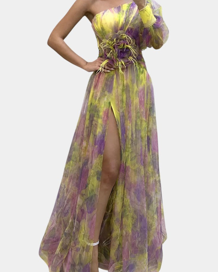 Amelie Vestido Maxi Asimétrico de Un Hombro con Estampado Artístico