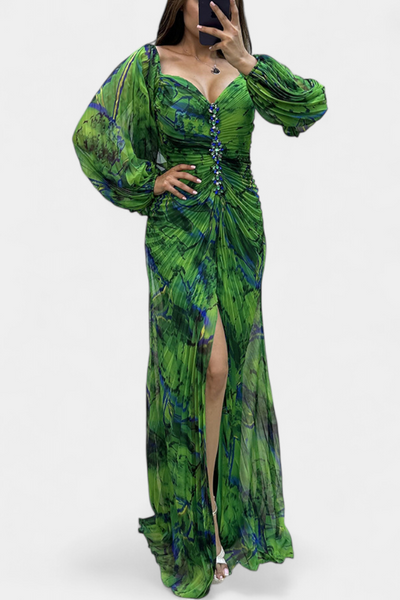 Quintessa Vestido Maxi Plisado con Mangas Largas y Estampado Vibrante