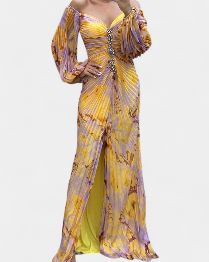 Quintessa Vestido Maxi Plisado con Mangas Largas y Estampado Vibrante