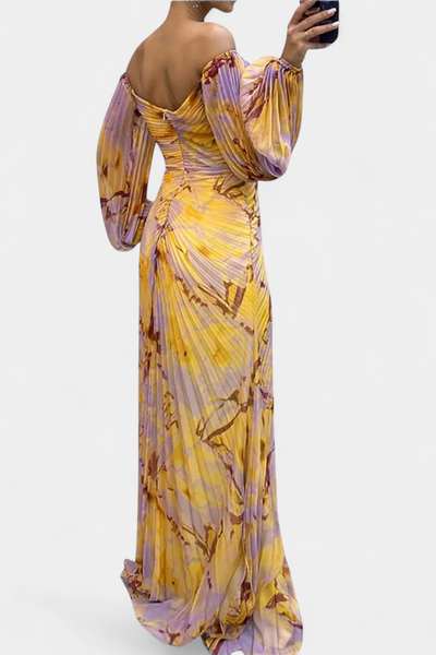 Quintessa Vestido Maxi Plisado con Mangas Largas y Estampado Vibrante